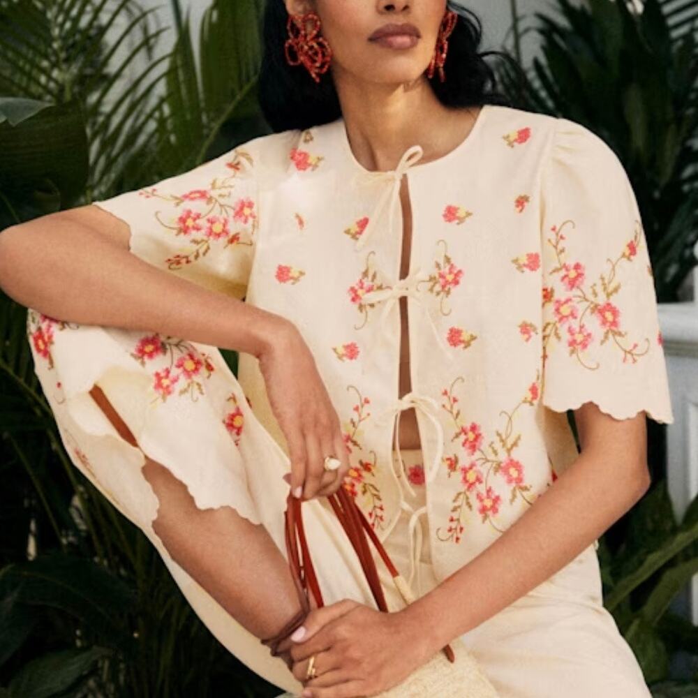 Sezane x Andion Zelia Blouse Embroidered 100% cotton Cream Pink Green size 36 4